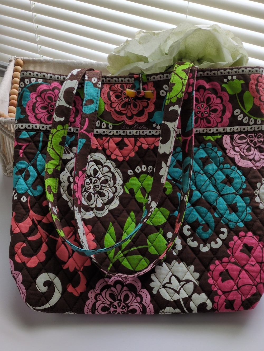 VERA BRADLEY Quilted Floral Tote Bag in Brown and Pink